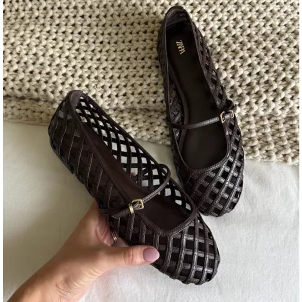 Zara Dark Brown Woven Mary Jane Flats - Picture 8 of 14